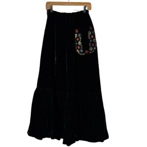 1970s Black Velvet Maxi Skirt with Embroidered Pocket